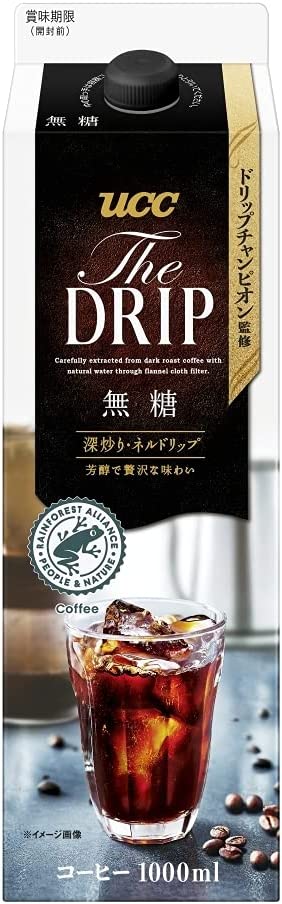 第3位.天然水で丁寧にネルドリップ抽出「UCC The DRIP 無糖 コーヒー 紙パック 1000ml ×12本」